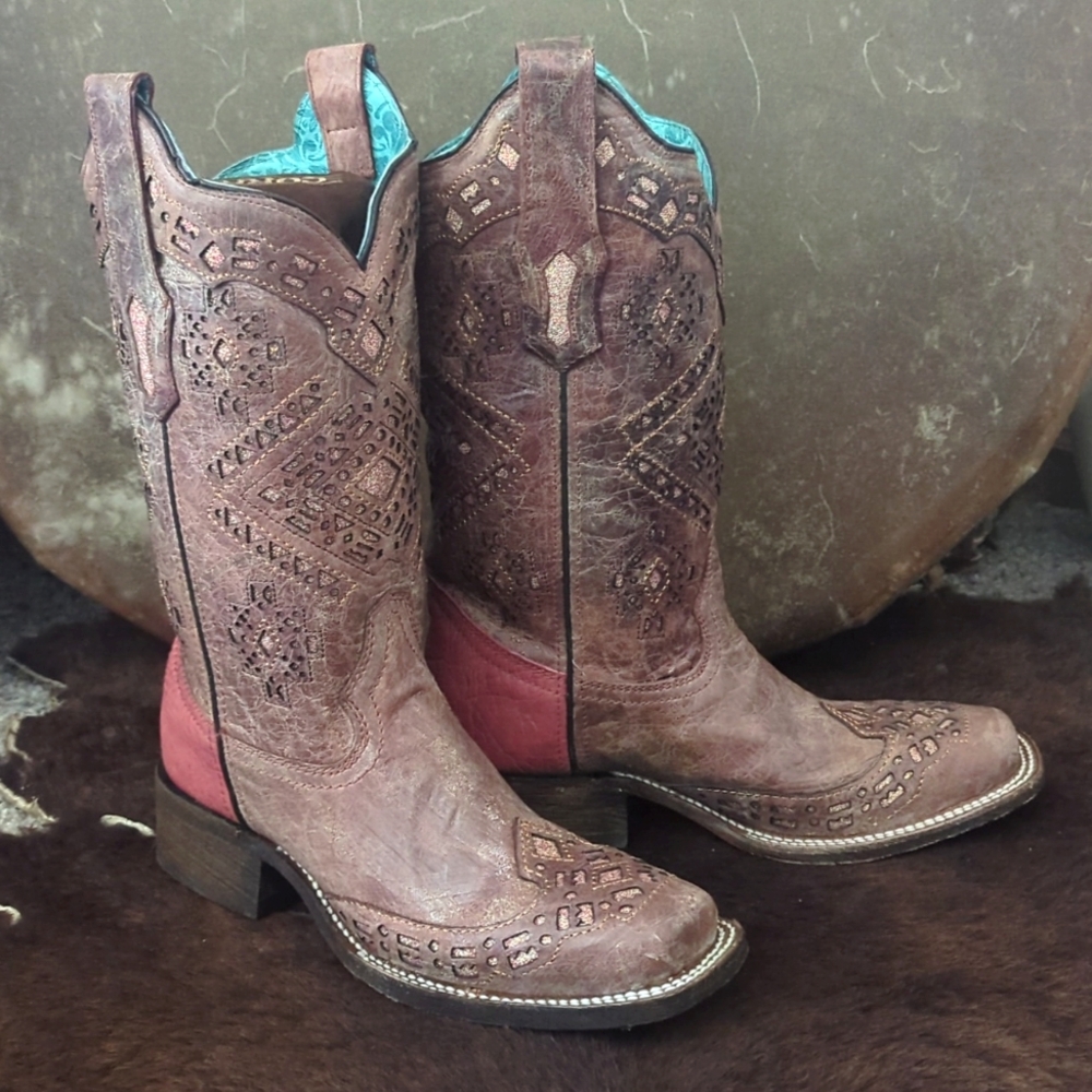 CORRAL A3812 distressed brown & coral leather square toe cowgirl boots sz 7 NIB